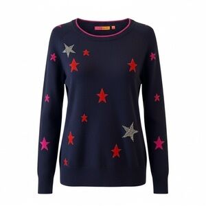 Size Large Vilagallo Intarsia Stars Embellished Sweater in Navy Blue